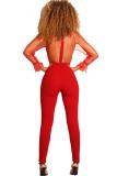 Red Sexy Fashion perspective Hollow Mesh Asymmetrical stringy selvedge Solid Backless Pearl Lo