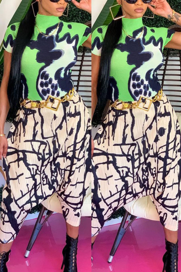 Green Fashion Casual Print Basic Turtleneck Short Sleeve Two Pieces（Without Waist Chain）