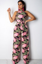 Pink Polyester Sexy Casual backless Patchwork bow-knot Print Loose Two-piece Pants Set
