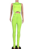 Fluorescent green Milk Silk Fashion Celebrities adult Ma'am Solid Two Piece Suits pencil Sleeveless Two Pieces