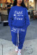 Peacock Blue Casual Print O Neck Long Sleeve Two Pieces
