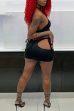 Black Sexy Solid Hollowed Out Backless Strap Design Halter Sleeveless Two Pieces