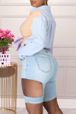 Light Blue Fashion Casual Solid Ripped Hollowed Out High Waist Jeans