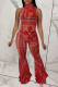 Red Sexy Print Patchwork Turtleneck Sleeveless Two Pieces