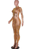 Silver Solid Ripped Hollowed Out See-through O Neck Regular Jumpsuits