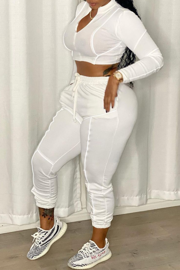 White Casual Solid Patchwork Mandarin Collar Long Sleeve Two Pieces