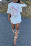 White Fashion Casual Print Basic O Neck T-shirt Dress