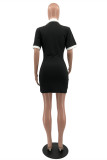 Black Sexy Casual Solid Basic Turndown Collar Short Sleeve Dress