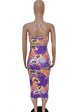 purple Fashion adult Ma'am Lightly cooked Floral Print Two Piece Suits pencil Sleeveless Two Pieces