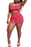 Pink Fashion Sexy Solid crop top Slim fit Two Piece Suits asymmetrical Skinny Short Sleeve