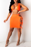 Orange Fashion Sexy Solid Hollowed Out Strap Design U Neck Sleeveless Two Pieces
