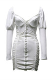 White Fashion Sexy Solid Backless Fold V Neck Long Sleeve Dresses