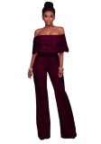 Wine Red Nylon LACE Solid Fashion Jumpsuits & Rompers