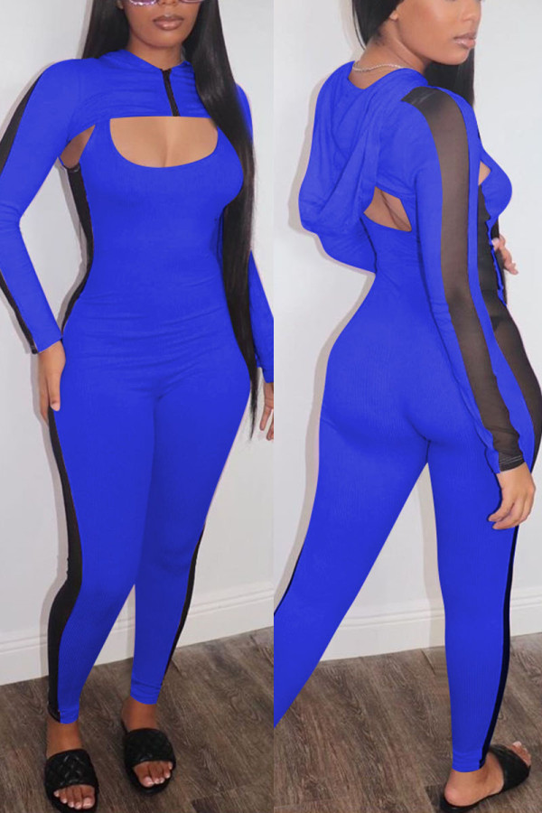 Royal Blue Fashion Sexy Long Sleeve Hooded Collar Regular Sleeve Short Patchwork Two Pieces