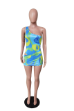 Sky Blue Sexy Print Ripped Patchwork Swimwears