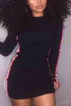 Black Fashion Sexy Cap Sleeve Long Sleeves O neck Slim Dress skirt Patchwork Striped Print Dresses