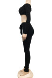 Black Sexy Polyester Solid Split Joint Bateau Neck Long Sleeve Short Two Pieces
