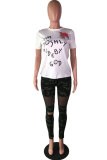 White Polyester O Neck Short Sleeve Print Patchwork Tees & T-shirts