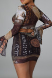 Black Sexy Print Bandage V Neck Long Sleeve Two Pieces