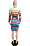 Multi-color Casual Long Sleeves O neck Slim Dress Mini Striped