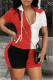 Red Fashion Casual Patchwork Basic Zipper Collar Short Sleeve Two Pieces