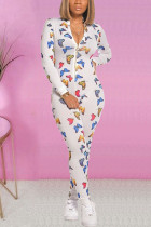 White Fashion street Print Polyester Long Sleeve O Neck Jumpsuits