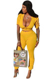 Yellow Polyester Zipper Fly Short Sleeve Solid pencil Pants Two-piece suit