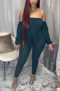Green Fashion Sexy Polyester Solid Frenulum Pants With Belt Bateau Neck Skinny Jumpsuits