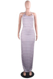 Grey Sexy Fashion Spaghetti Strap Sleeveless Slip Step Skirt Floor-Length Striped Casual Dress