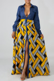 Red Fashion Casual Print Patchwork Turndown Collar Long Sleeve Dresses