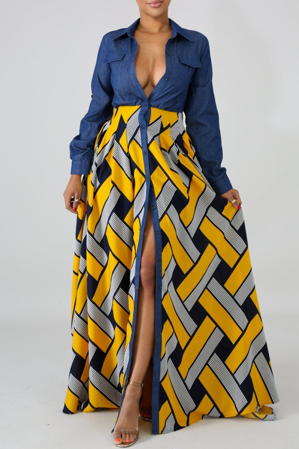 Yellow Fashion Casual Print Patchwork Turndown Collar Long Sleeve Dresses