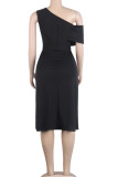 Black Polyester OL Cap Sleeve Short Sleeves one shoulder collar Hip skirt Mid-Calf Patchwork Solid Club D