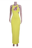 Yellow Fashion Sexy Solid Hollowed Out O Neck Sleeveless Dress