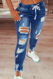 Baby Blue Casual Patchwork Ripped High Waist Skinny Denim