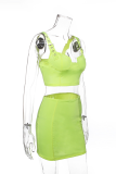 Green Sexy Solid Patchwork Square Collar Sleeveless Two Pieces