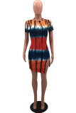 Yellow Sexy Print Tie-dye O Neck Asymmetrical Dresses