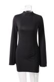 Pink adult Fashion Sexy Bell sleeve Long Sleeves O neck Pencil Dress Mini Solid chain split bac