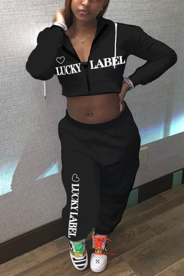Black Sportswear Print Letter Hooded Collar Long Sleeve Two Pieces