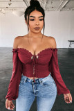 White V Neck Long Sleeve Patchwork crop top Solid