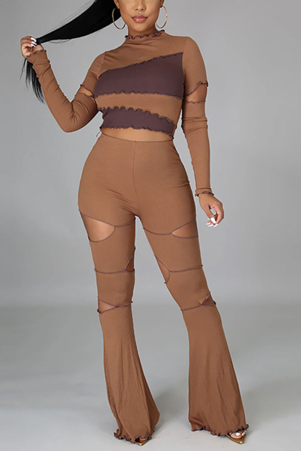 Khaki Sexy Geometric Hollowed Out Patchwork O Neck Long Sleeve Two Pieces