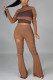 Khaki Sexy Geometric Hollowed Out Patchwork O Neck Long Sleeve Two Pieces