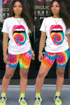 Orange Polyester Fashion Active Casual Patchwork Print Tie Dye Straight Short Sleeve Two Pieces