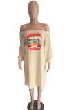 Khaki Casual Off The Shoulder Long Sleeves One word collar Swagger Knee-Length Patchwork Print