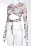 Colour Casual Print Hollowed Out Patchwork Fold With Bow O Neck Mid Waist Tops