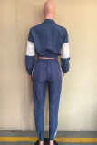 Blue Casual Polyester Patchwork Split Joint Zipper Collar Long Sleeve Regular Sleeve Two Pieces