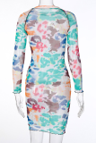 Colour Sexy Print See-through Mesh O Neck Wrapped Skirt Dresses