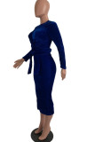 Red Polyester OL adult Fashion Cap Sleeve Long Sleeves O neck Step Skirt Mid-Calf bandage Solid