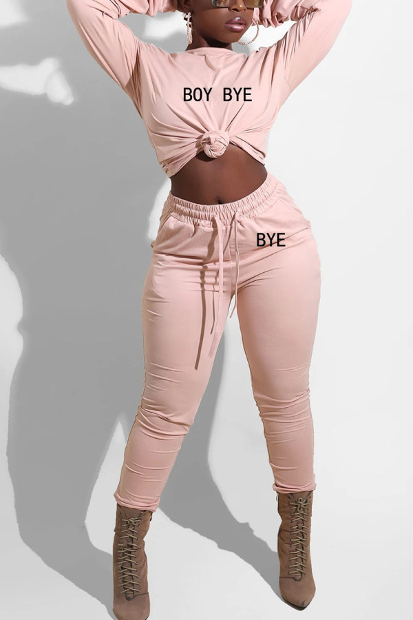 Pink Fashion Sexy Adult Letter Print Letter O Neck Long Sleeve Regular Sleeve Regular Two Pieces