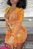 Pink Sexy Print Draw String V Neck Printed Dress Dresses