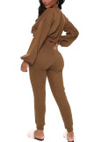 Brown Fashion Casual Adult Nylon Solid Ripped O Neck Long Sleeve Regular Sleeve Short Two Pieces